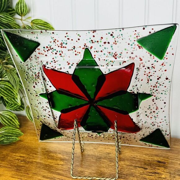 Fused Glass Signed Christmas Star Plate Serving Square Green Red Speckled 9” - Picture 7 of 12